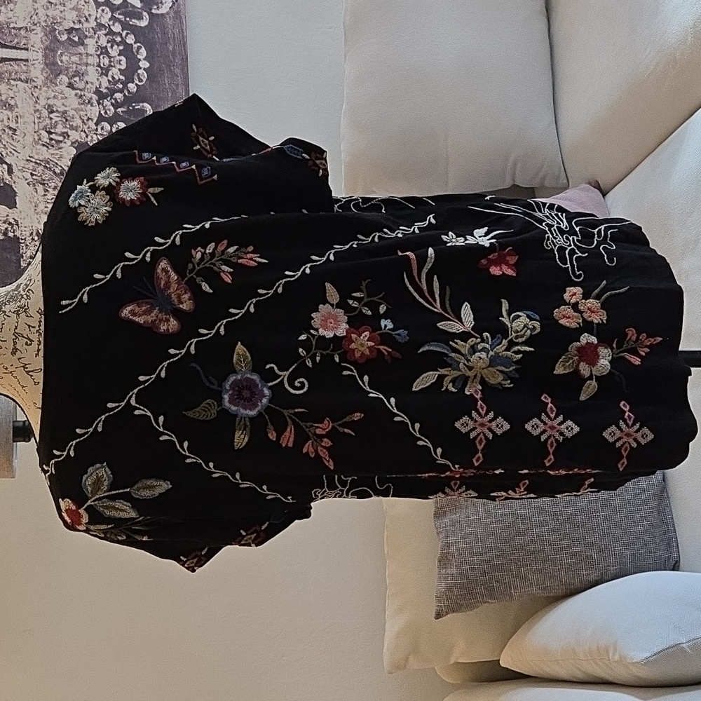 Johnny Was Black Top with Multicolor Floral Embroidery - Picture 3 of 7